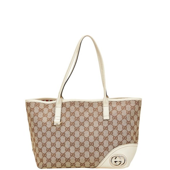 GUCCI Handbags - Gucci GG Canvas New Brit Tote Bag Shoulder 169946 Beige White Leather Women's...